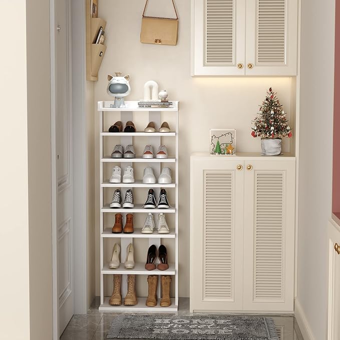 HOMEFORT 7-Tier Wood Shoe Rack, Double Rows 7-Tier Shoe Shelf, Shoe Storage Stand, Entryway Shoe Tower, Vertical Shoe Organizer Perfect for Narrow Closet, Entryway, Hallway, Bedroom in White