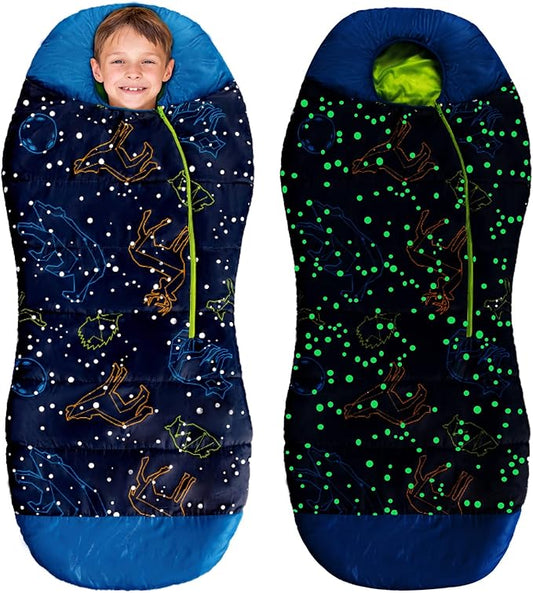 AceCamp Glow in The Dark Mummy Sleeping Bag for Kids and Youth, Temperature Rating 30°F/-1°C, Water-Resistant for Camping, Hiking, and Slumber Party