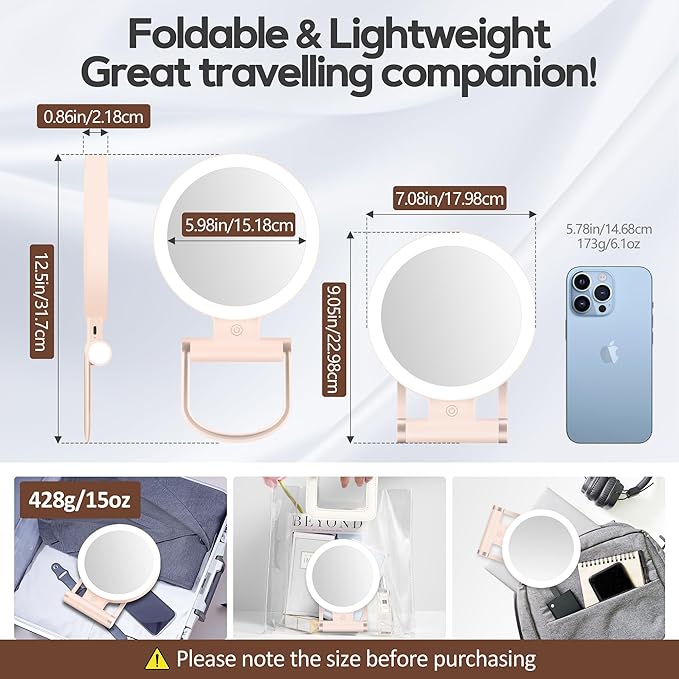 B Beauty Planet Magnifying Mirror with Light 30X, Double-Sided 1X/30X Magnifying Makeup Mirror with Tweezer, 2000mAh 3 Colour Modes with Adjustable Brightness,Foldable Compact Travel Mirror(Pink)