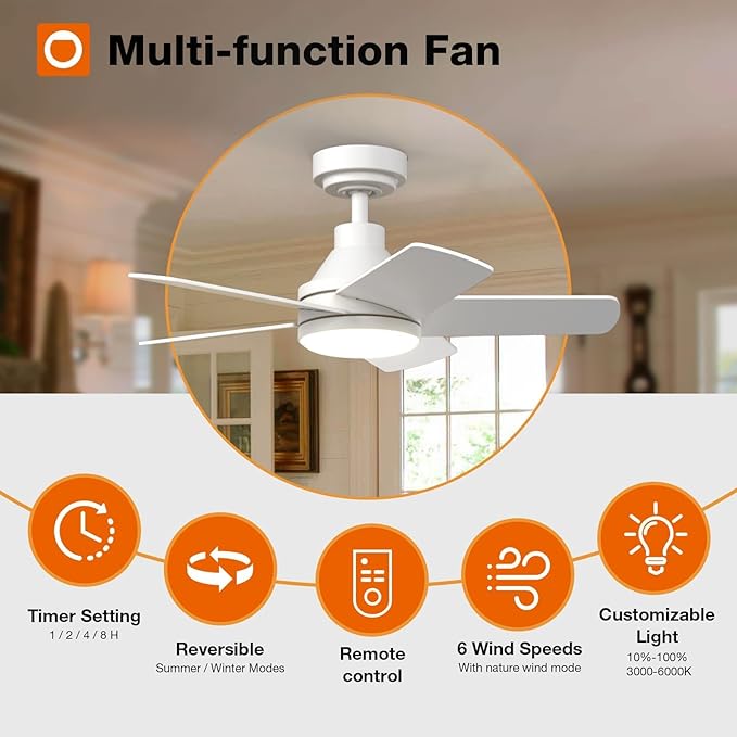 addlon Ceiling Fans with Lights, 32 inch White Ceiling Fan with Light and Remote Control, Reversible, 3CCT, Dimmable, Noiseless, Small Ceiling Fan for Bedroom, Farmhouse, Indoor/Outdoor Use
