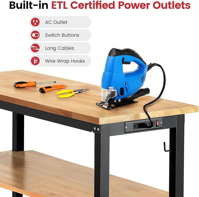 48 Inch Workbench for Garage Adjustable Height Work Bench with Under Table Shelf Pegboard Power Outlets Work Table for Woodworking, Home, Office, Workshop
