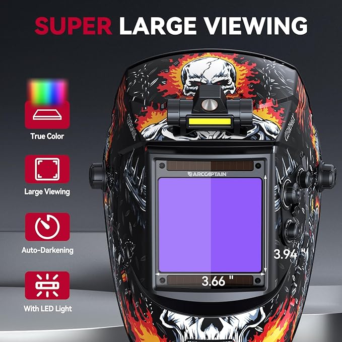 ARCCAPTAIN 3.94" x 3.66" Auto Darkening Welding Helmet, Solar Powered True Color Welding Hood, 1/1/1/1 Top Optical Clarity Welder Helmet, 4 Arc Sensor Wide Shade 4/5-9/9-13 for Stick MIG TIG Cut