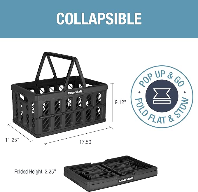 CleverMade Collapsible Shopping Basket, Obsidian, 3PK - 24L (6 Gal) Reusable Plastic Grocery Shopping Baskets, Holds 25lbs Per Basket - Small Foldable Storage Crates with Handles
