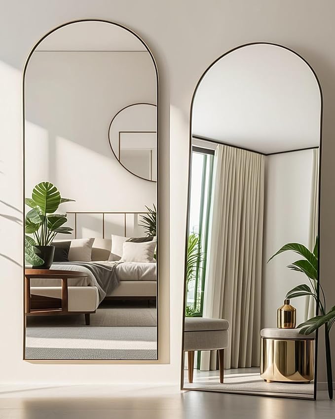 Arched Full Length Mirror, 71"x26" Oversized Floor Mirror, Modern Black Aluminum Frame, Wall Mount/Floor Mount, Rectangular, Bedroom/Living Room