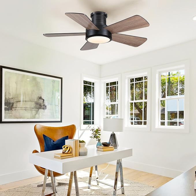 Ceiling Fans with Lights,Modern Low Profile Ceiling Fan with Remote Control,5 Dual-Sided Blades,Reversible DC Motor,40" Black Small Flush Mount Ceiling Fan for Bedroom Indoor/Outdoor Use