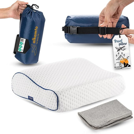 Memory Foam Pillow for Travel and Camping with Extra Cotton Cover – Easy to Carry Portable Bag (White Contour)