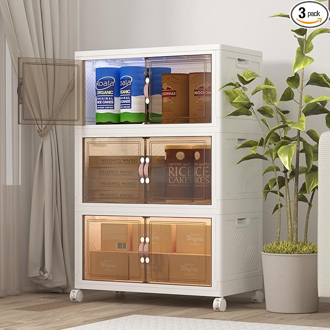 Extra Large Stackable Storage Binswith lids & Wheels, Foldable Collapsible Closet Organizers,360QT-120QT/30GAL*3Pack Plastic Containers with door & drawers for bedroom Dorm