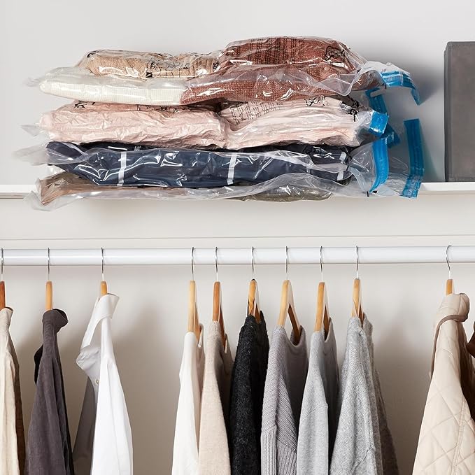 Amazon Basics Vacuum Compression Space Saving Storage Bags with Hand Pump for Travel, Multiple Sizes for Clothes and Blankets, Clear, 12 Pack (3 Small, 3 Medium, 3 Large & 3 Jumbo)