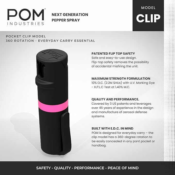 POM Pepper Spray Pocket Clip, Quick Flip Top Safety, Maximum Strength OC Formula with UV Marking Dye, Safe Compact and Tactical Design for Everyday Carry, 25 Bursts, 10 ft Range, 0.5 fl oz