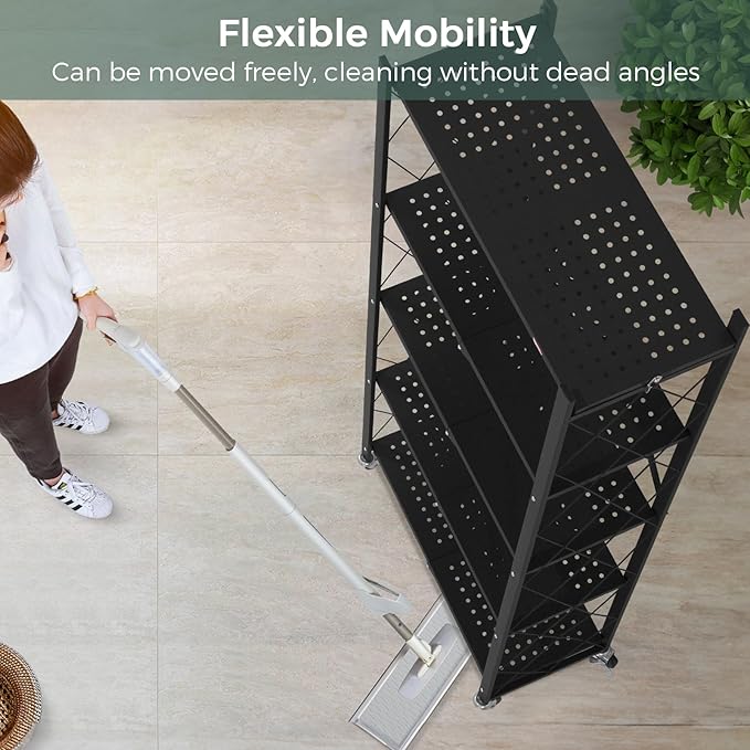 DEANIC 5-Shelf Folding Bookcase with Wheels, Rolling Bookshelf Heavy Duty Storage Shelves, Freestanding Metal Wire Shelving Unit for Living Room, Office, Kitchen, Basement, Pantry (Black)