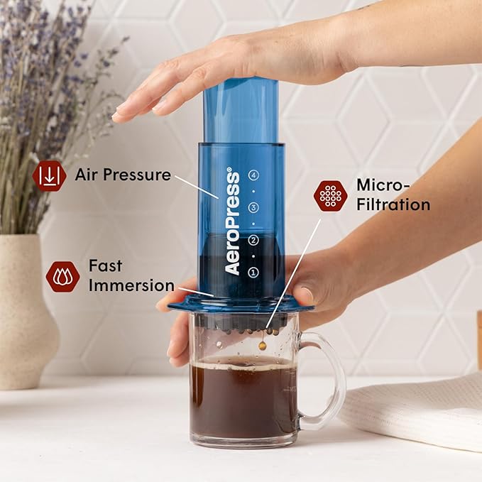 AeroPress Clear Blue Coffee Press – 3 In 1 Brew Method Combines French Press, Pourover, Espresso, Full Bodied Coffee Without Grit or Bitterness, Small Portable Coffee Maker for Camping & Travel-Blue
