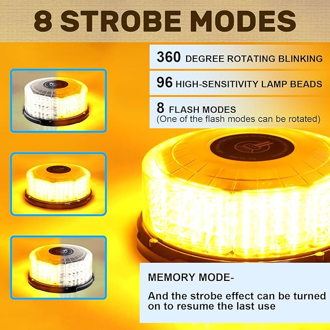 1PCS Amber Beacon Light, 96 LED Magnetic Beacon Strobe Flashing Safety Caution Warning Emergency Lights for Vehicles Truck Trailer Forklift Bus Car Snow Plow ATV Tractor Golf Carts Boat