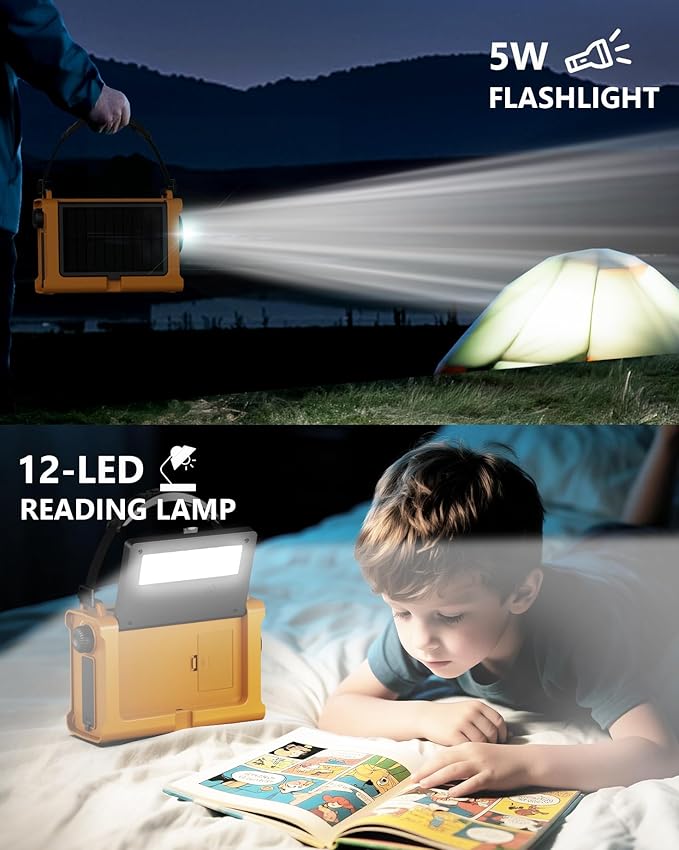 Emergency Weather Radio with Large Solar Panel, Efficient Hand Crank & Real 12000mAh Battery | AM/FM/NOAA Bands, LED Flashlight, Reading Lamp, SOS Alarm & Phone Charger for Camping, Blackout, Survival
