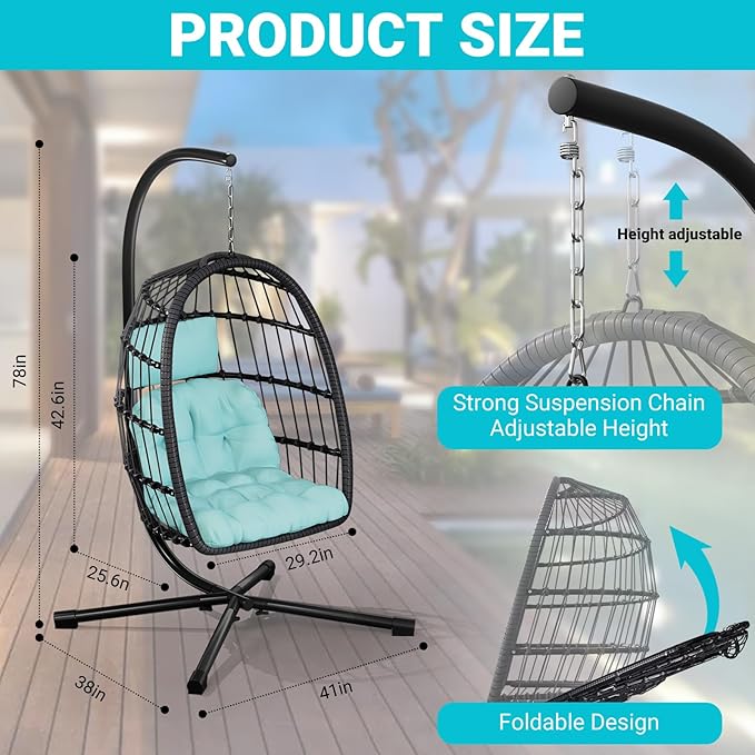 Egg Chair with Stand,Patio Rattan Wicker Hanging Swing Egg Chair Hammock Chair for Bedroom Porch Garden,Thickened Aluminum Alloy Steel Frame and UV Resistant Cushion,350LBS Capacity