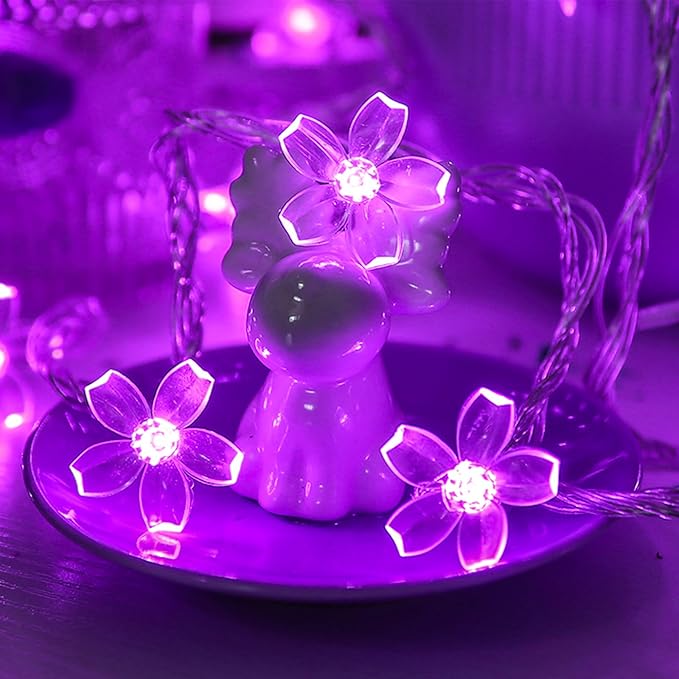 Cute Flower String Lights, USB & Battery Lighted Decorative Fairy Cherry Blossom Indoor Bedroom Tree Branches Hanging, Novelty Floral Lamp for Christmas Easter Wedding Party Birthday Decor (Purple)