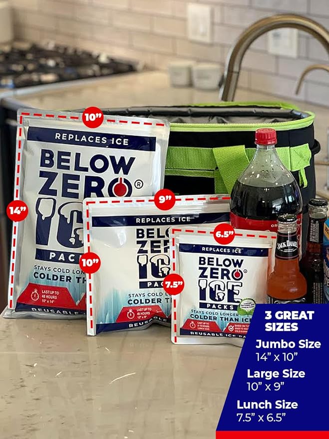 Below Zero Reusable Ice Packs for Coolers – Long Lasting Cooler Ice Pack Blocks, Leak-Proof Freezer Packs for Camping, Lunch Boxes & Travel