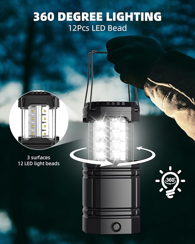 4 Pack Solar Camping Lantern with 1600mAh Rechargeable Battery, 30-Hour Runtime, 360° LED Tent Light & Super Bright Flashlight, Compact & Portable for Hiking, Emergency, Outdoor