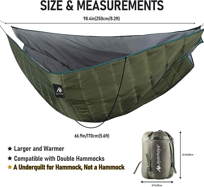 AYAMAYA Single & Double Hammock Underquilt Full Length Big Size Under Quilts for Hammocks, Camping Backpacking Essential, Winter Cold Weather Warm UQ Blanket Bottom Insulation
