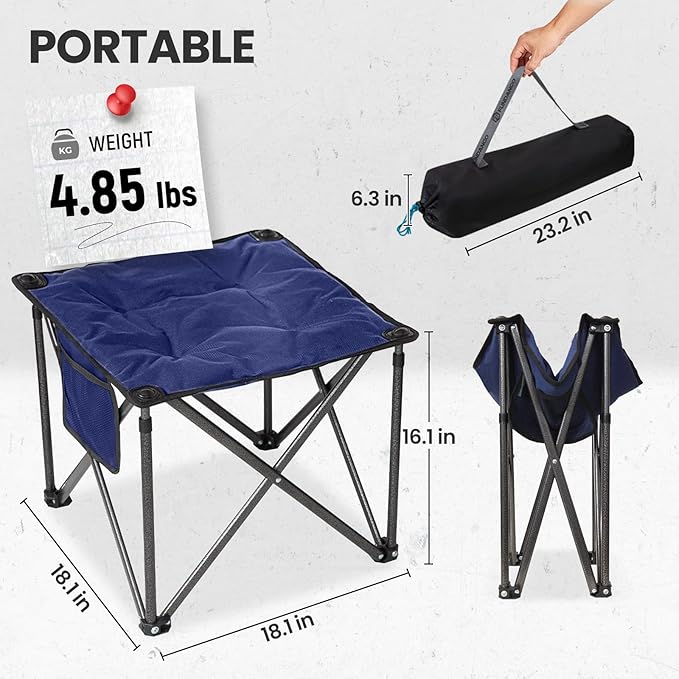 FUNDANGO Folding Camping Stool, 18.1 Inch Oversized Foot Stools 400 Lbs Heavy Duty Portable Padded Seat Anti-Slip Foots & Carry Bag for Fishing Outdoor Lawn Travel (Blue)
