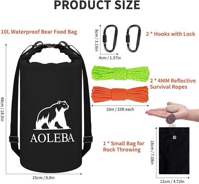 AOLEBA Bear Bag Hanging System Kit, Ultralight Bear Canister for Backpacking, Camping Food Storage Bear Proof Food Storage, 10L Bear Food Bag Survival Bag with Reflective Paracord Rope for Outdoor