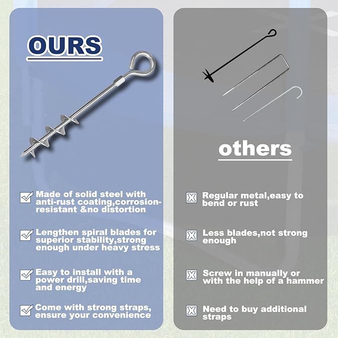 Eurmax USA Trampoline Stakes Screw in Tent Stakes Parts Heavy Duty for Canopies,4-Pack Outdoor Anchor Kit with Straps(Silver)