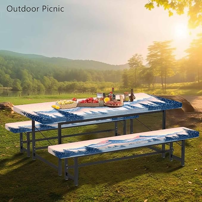 CAPSCEOLL Fitted Picnic Table Cover with Bench Covers with Elastic 8Ft Waterproof Picnic Table Cloths Windproof Outdoor Camping Tablecloth with Drawstring Bag, 96X30in, Snow Mountain