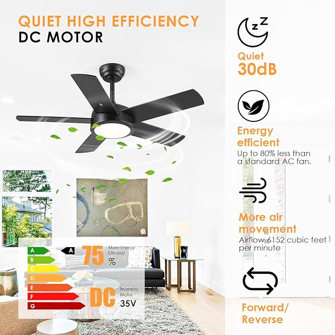 42" Black Ceiling Fans with Lights - Modern Low Profile Ceiling Fan with Lights and Remote Control, 5 Dual-Sided Blades, Reversible DC Motor, Ceiling Fan for Indoor and Outdoor
