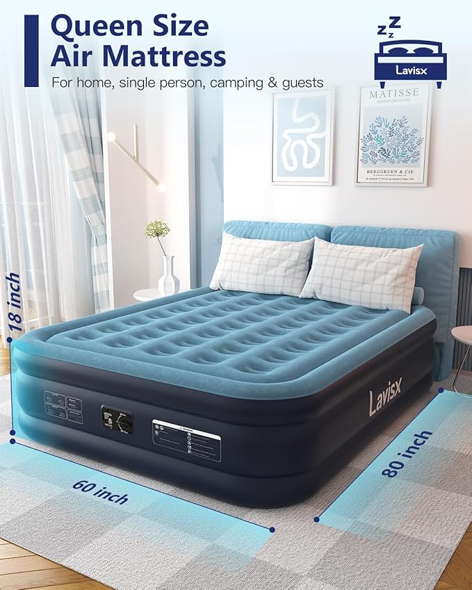 Queen Air Mattress with Built in Pump 18" Blow Up Mattress Raised Air Bed, 3 Mins Quick Self Inflatable with Storage Bag for Guest and Home
