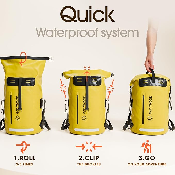 Earth Pak Waterproof Backpack - Heavy Duty Hiking Backpack - Roll-Top Closure Bag - Cushioned Dry Bag Waterproof Phone Case