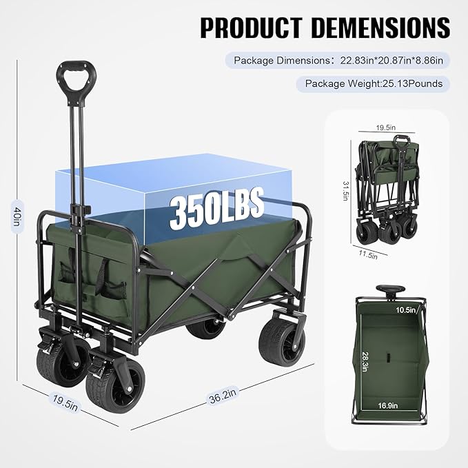 Beach Wagon with Big Wheels for Sand,Collapsible Folding All Terrain Utility Wagons Carts Foldable with Brakes for Sand Camping Sports Outdoor.