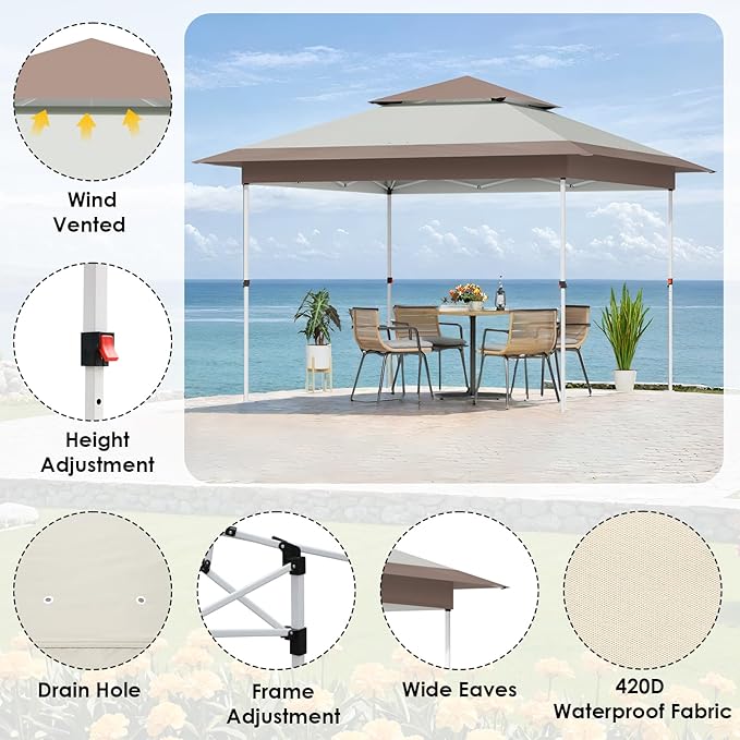 TLSUNNY 12X12 Pop Up Canopy Tent, Camping Shader W/Overhanging Eaves & Sand Bag, Outdoor Gazebo Shelter W/One Push Setup & Wheeled Bag, Height Adjustable, for Patio, Market, Party (Khaki, 12FTX12FT)