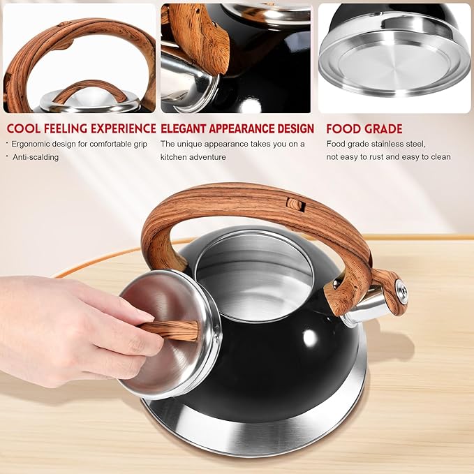 GGC Whistling Tea Kettle for Stove Tops, 3.1QT/3L Tea Kettles for Boiling Water Coffee or Milk, Stainless Steel Tea Pot with Anti-Heat Handle and Simple Touch Button to Control Kettle Outlet