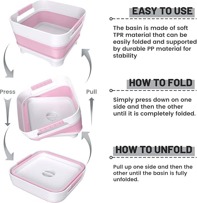 Collapsible Dish Basin, 9L Capacity, Portable Sink for Kitchen, Camping, RV, Gray (Pink)