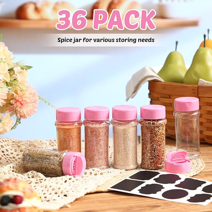 Eccliy 36 Pack 3 oz Clear Plastic Spice Jars with Label and Shaker Lids Empty Spice Bottles Seasoning Containers Seasoning Jars Shaker Condiment Pots for Pepper Herbs Powders (Pink)