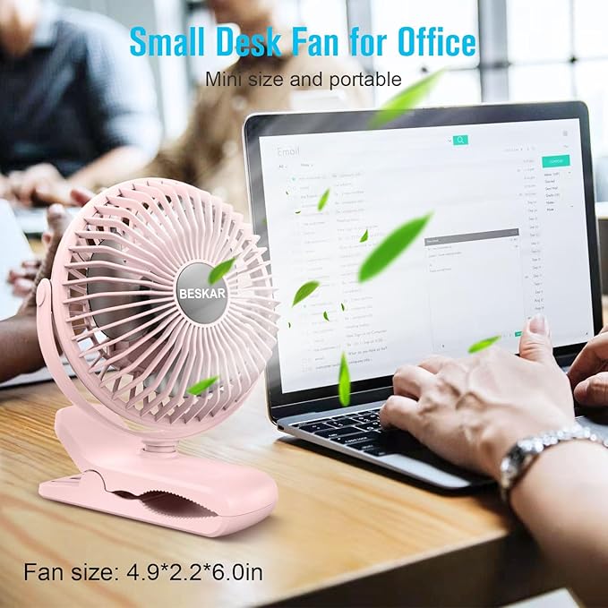 BESKAR Portable Clip on Fan Rechargeable, 4 Speeds Small Battery Operated Fans, USB Desk Fan with Strong Airflow, Sturdy Clamp Fans for Golf Cart Office Outdoor Travel Camping