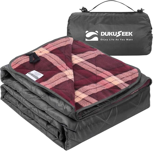 DUKUSEEK Large Camping Blanket - Waterproof, Quilted, Extra Thick Fleece, Warm, Windproof, Wearable, Includes Foldable Hood and Stuff Sack for Car, Outdoor Sports, Picnics, Stadiums, Dogs…