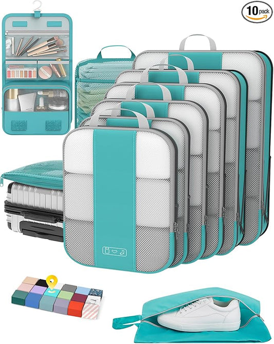 10 Set Compression Packing Cubes for Travel Essentials,Compressible Expandable Packing Cubes for Suitcase,OlarHike Luggage Organizer Bags for Travel,Handy Helper for Organizing Clothes(Blue Green)