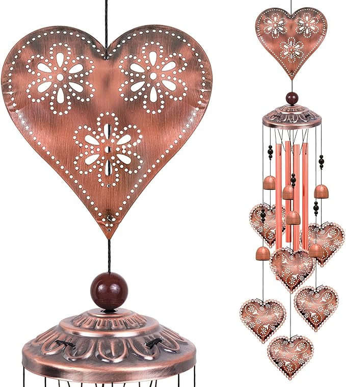 Heart Shape Wind Chimes for Garden, Gifts for Mom, Home, Balconies, Rooms, Patio, Indoor, Outdoor Heart Decoration, Hearts Shape Wind Catcher, Red Copper Memorial Wind Bells, Hearts Wind Chimes Decor