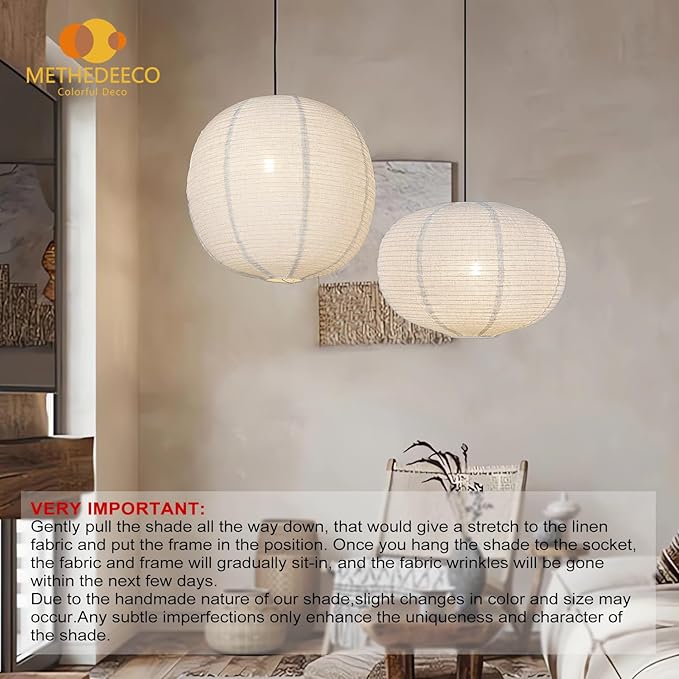 2PCS Burlap Pendant Light Shades ??16" Oval & Flat Round Shapes, Boho Natural Hanging Fabric Lampshades for Bedroom, Living Room, Kitchen Island, Storefront & Minimalist Decor