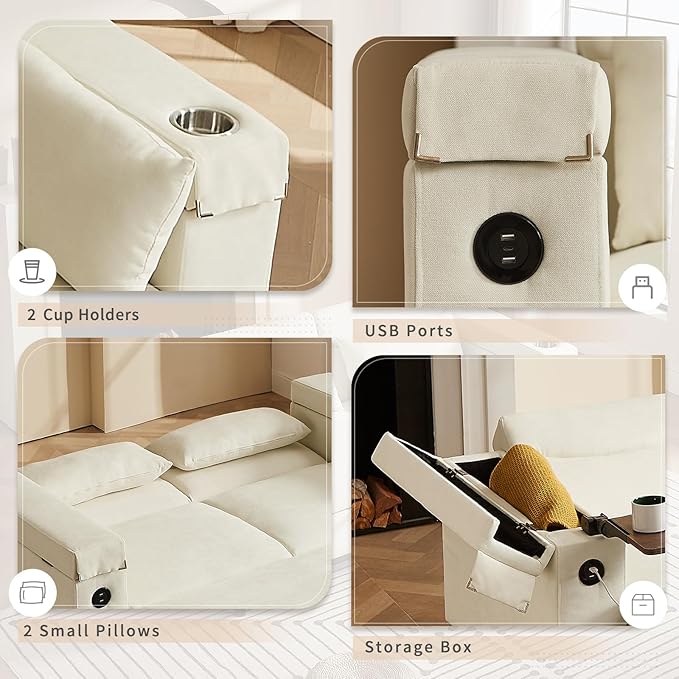 66" Pullout Couch Sleeper Sofa with Hidden Side Table, Storage Armrests & USB Charging – Convertible Sofa Bed with Spring Mattress & Wood Frame, Great for Small Spaces (ZY-2027-White)