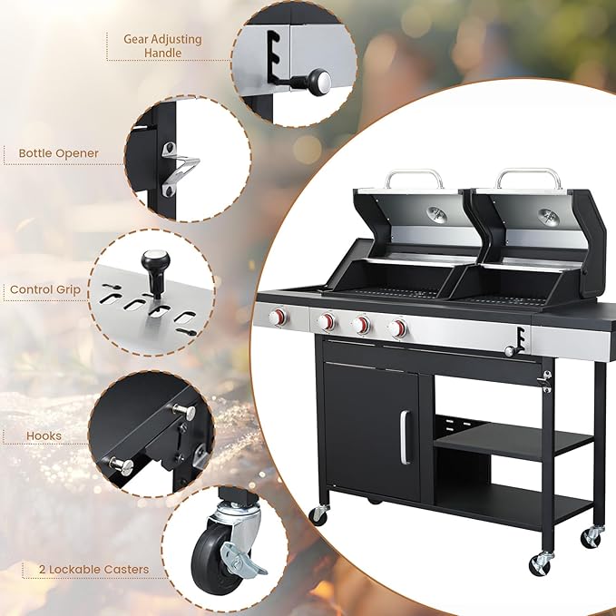 3-Burner Propane Gas BBQ Charcoal Grill Combo with Side Burner, 37230BTU Stainless Steel Barbecue Grill With Enameled Cast Iron Cooking Grids For Outdoor Camping