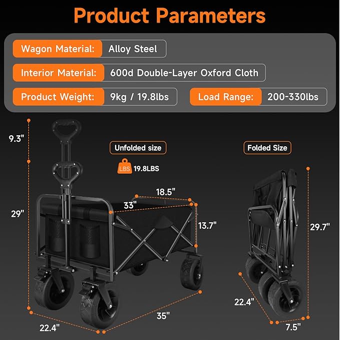 Collapsible Wagon Cart with Big Wheels, Foldable Heavy Duty Beach Cart with 330lbs Weight Capacity, 120L Portable Utility Grocery Wagon with Pocket & Brakes for Garden Sports Camping Travel Picnic
