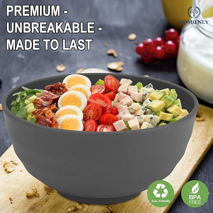 Homienly Wheat Straw Bowl Set, 60 OZ Unbreakable Lightweight Salad Bowls Set of 8, Bowls for Serving, Soup, Cereal, Dinner, Ramen, Microwave and Dishwasher Big Bowl for Kitchen, Camping(Grey, 60 OZ)