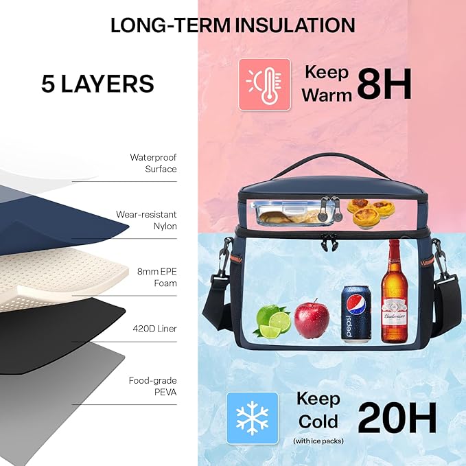 EVERFUN Small Cooler Lunch Box Mini Leak-Proof Soft Double Deck 24 Can Personal Insulated Collapsible Portable Waterproof Lunch Bag Ice Chest for Men Women Work Travel Car Picnic Beach