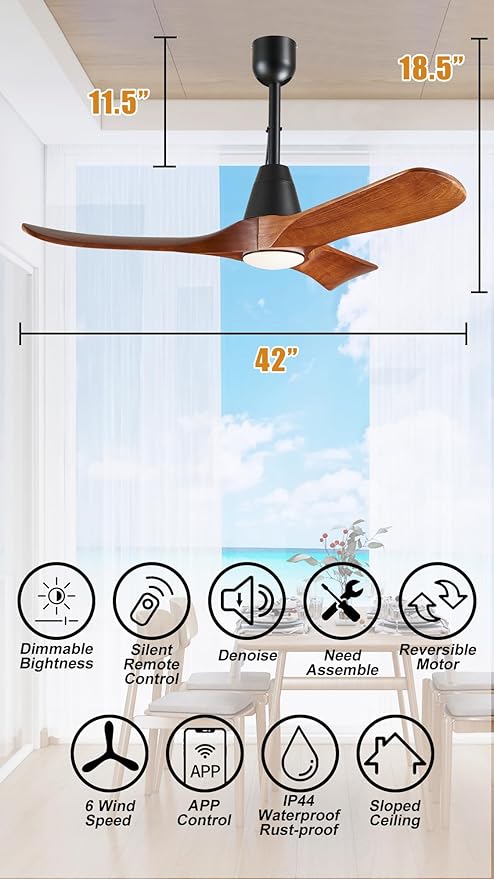 3 Blades Wood Outdoor Ceiling Fan with Light for Patios, Farmhouse Rustic Ceiling Fans with Lights, 42" Plug-in Wet Rated Outdoor Gazebo Fan for Exterior House Porch Patio, Waterproof,F246