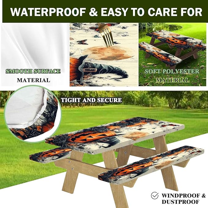 CAPSCEOLL Elastic Picnic Table Cover with Bench Covers 5Ft Waterproof Fitted Picnic Table Cover Cloths for Outdoors Camping Tablecloth with Drawstring Bag, 60X30in, Halloween Pumpkins