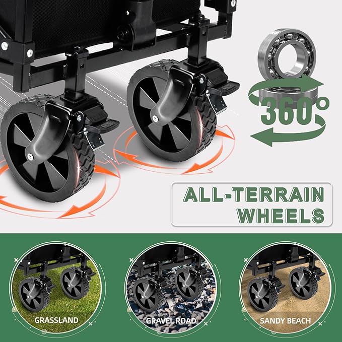 Collapsible Folding Wagon Cart with Tailgate - 300lbs Heavy Duty Foldable Utility Wagon and Brake Wheels - 100L Lightweight Grocery Wagons for Shopping Camping Sports Garden, Black