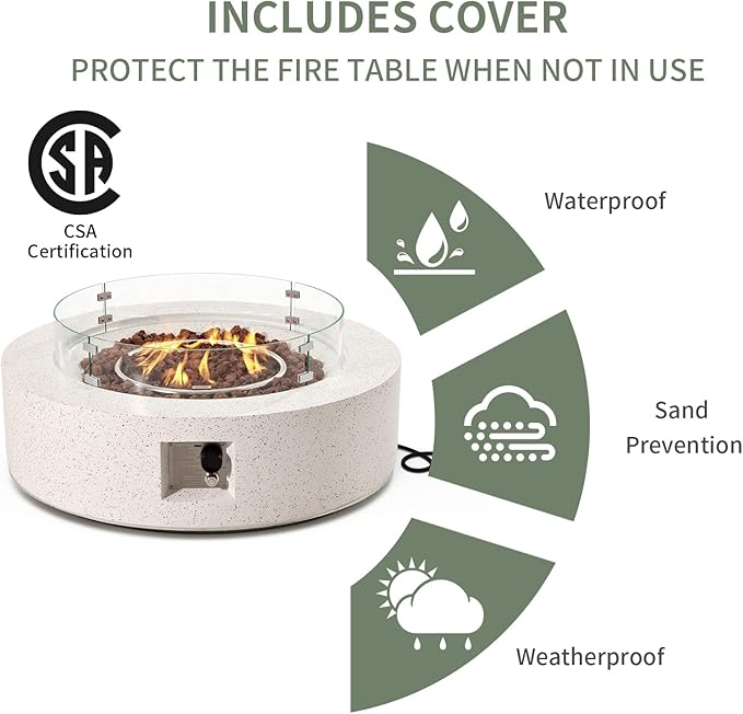 COSIEST 2-Piece Outdoor Propane Firepit Table Set w Tank Table, 42 inch Dark Fire Table CSA Certified, 50,000 BTU w Beige Round Base,Wind Guard and 16 inches Tank Side Table 20lb for Garden,Pool