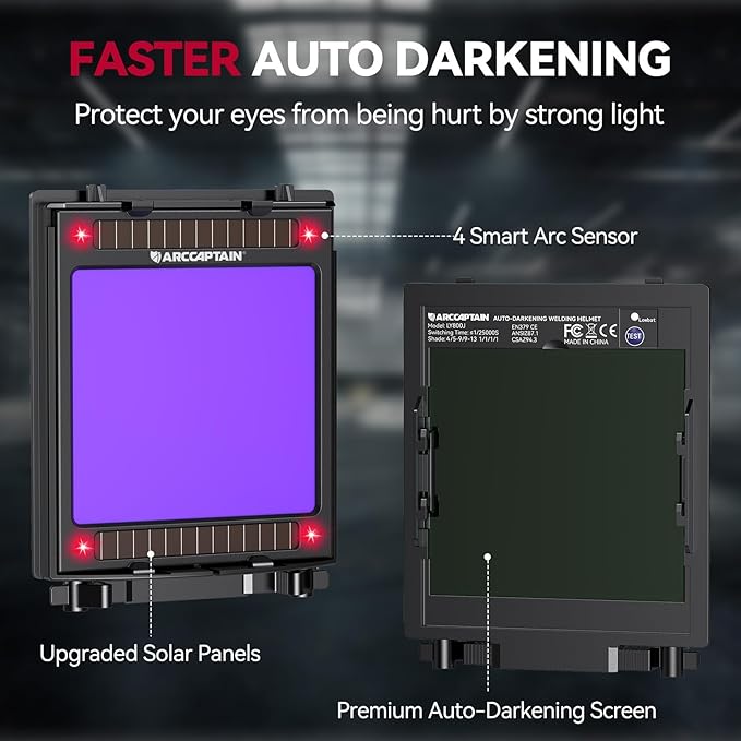 ARCCAPTAIN 3.94"X3.66" Welding Helmet Auto Darkening, 1/1/1/1 Top Optical Clarity Large Viewing Screen Solar Power Welding Hood with 4 Arc Sensor, Wide Shade 4-5/5-9/9-13 for TIG MIG ARC Welding Cut