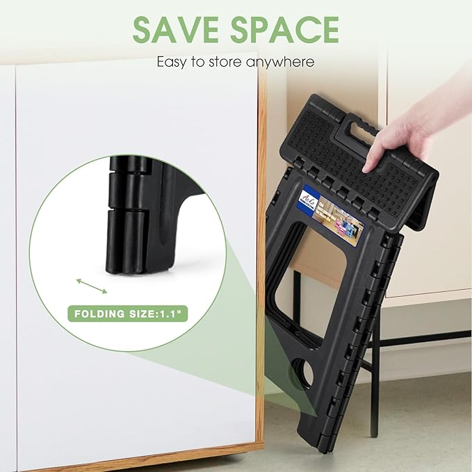 ACKO Folding Step Stool Foldable 17.5 Inch Stools for Adults and Kids,Plastic Stools Tall 400 lbs Capacity, Collapsible Stool for Kitchen, Stepping Foot Stool with Handle, Dot Black,1 PC